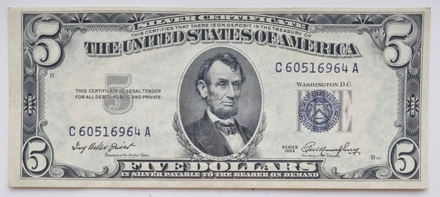 1953 Five Dollar Silver Certificate Blue Seal Note $5 Bill High Grade #65524