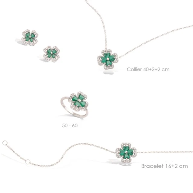 Parure De Bijoux (Collier & Boucles D'Oreilles) Rhodié - Sertie D'Émeraudes Cz - Argent Massif 925 - Marque Dolly-Bijoux - Neuf