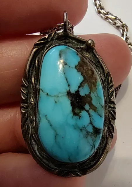 Old Pawn Navajo Turquoise & Sterling Silver Necklace -Signed H &D- 15 Grams-20"L