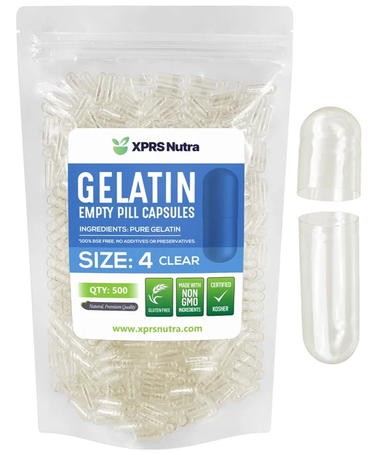 SIZE 4 CLEAR Empty Gelatin Pill Capsules Kosher Gel Caps GlutenFree