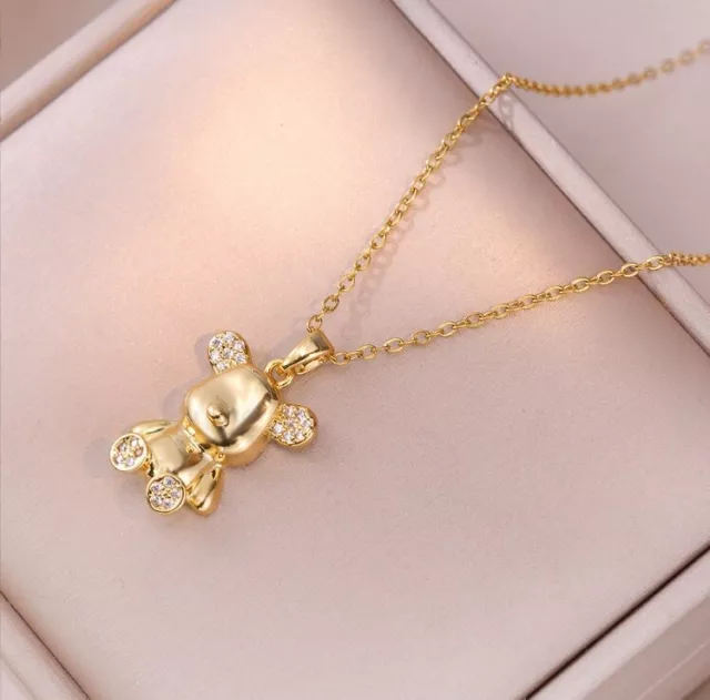 Titanium Gold Bow Teddy Bear Pave Cubic Zirconia Pendant Chain Necklace