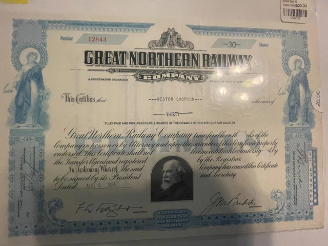 Great Northern Railroad Co. 30 Shares Stock Certificate 1954