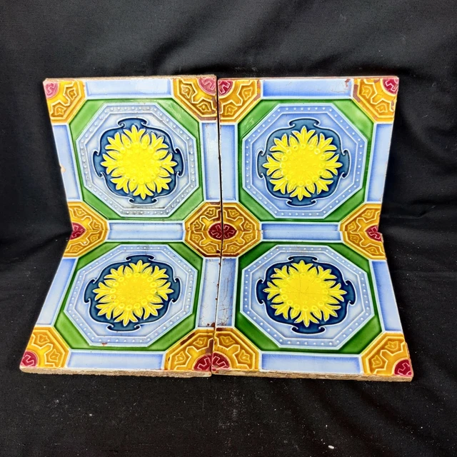 1940s Vintage Majolica Decorative Nouveau Architecture Furniture Tile 4Pcs Japan 4