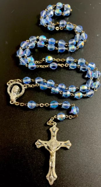 Vintage Catholic Iridescent Blue Glass Rosary, Silver Tone Crucifix