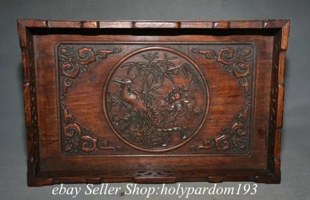 13.6" Collect Old Chinese Huanghuali Wood Carving Dynasty Flower Bird Tray Plate