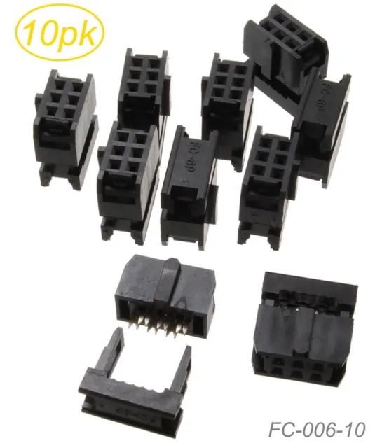 10-Pack 6-Pin (2x3) Female IDC 2.54mm Pitch Connectors for Flat Ribbon Cable