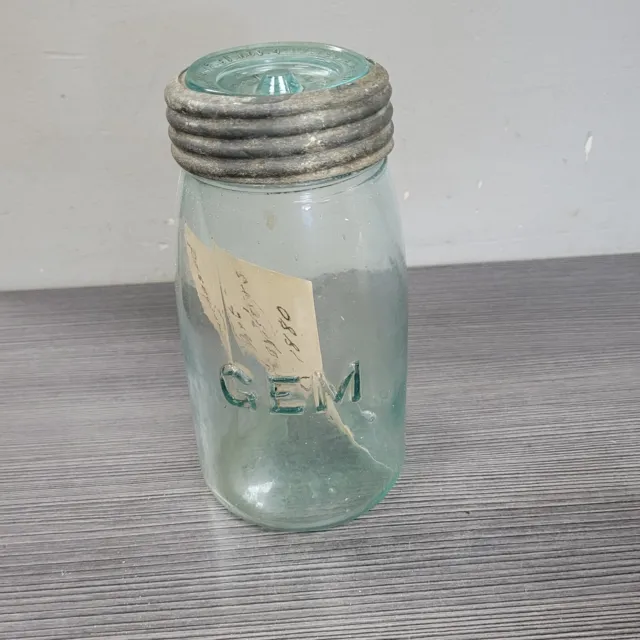 The Gem Pat 1867 Quart Fruit Jar Bold Raised Dated Lid 1868 Aqua "No The"