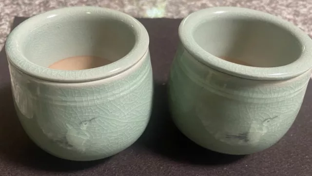 Korean Celadon Tea cups & Infuser /no lid. Crackle glaze Flying Crane/Cloud X 2