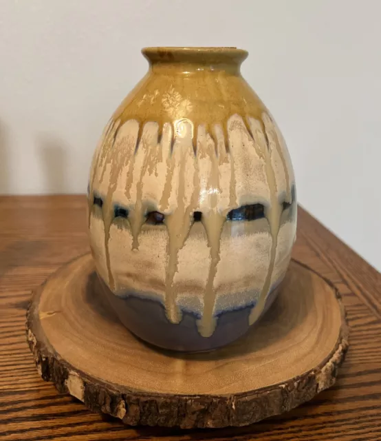 Drip Glazed Pottery Vase Blue Crème And Mustard  Vase/Jug 8.25”Tx 5.5”