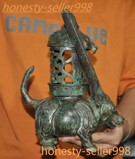 10" Old Chinese dynasty bronze Ware Ox Bull Ox Bovine Palace lamp lantern statue
