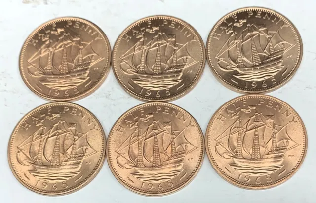 # C8395   GREAT BRITAIN HALF PENNY  COINS,    1965 Unc.  ( 6 COINS ALL ALIKE )