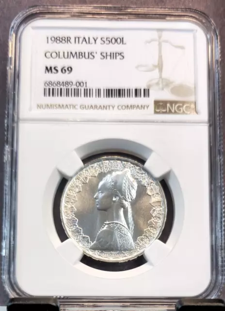 1988 Italy Silver 500 Lire Columbus Ships Ngc Ms 69 Rare Top Pop 1