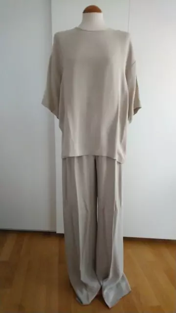 New MAX MARA 100% Silk FINEZZA top + DENNY wide leg pants-Beige-Ital 44 & 46