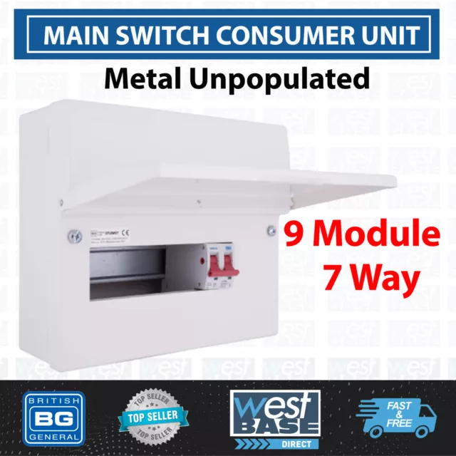 BG 9 MODULE 7 WAY METAL UNPOPULATED CONSUMER UNIT WITH 100A SWITCH 18th EDITION