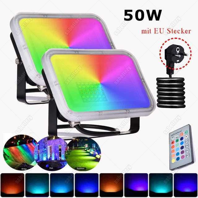2X LED Fluter RGB mit stecker 50W Strahler Scheinwerfer Flutlicht Außen