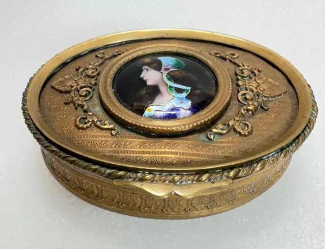 Antique French Brass Jewel Box with Limoges Porcelain Enamel Portrait