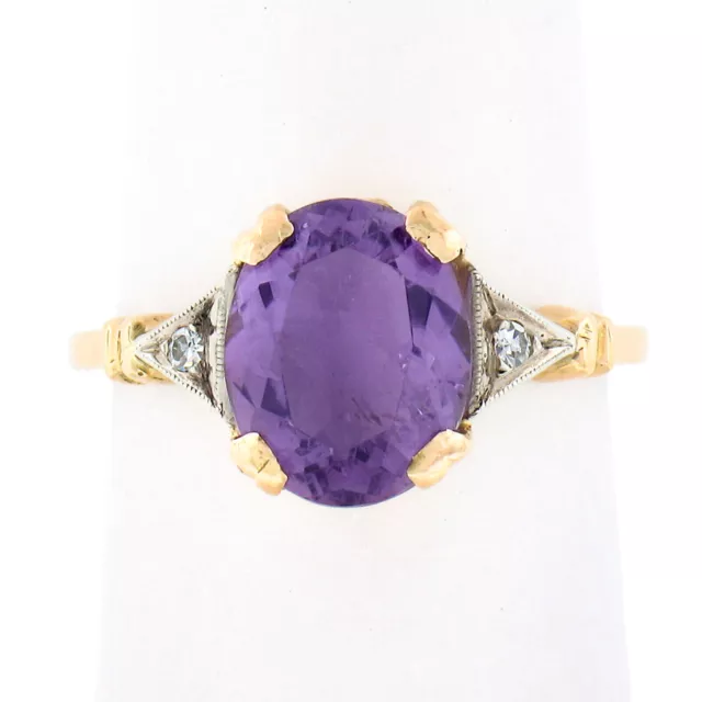 Vintage 14k TT Gold Oval Amethyst Solitaire & Old Cut White Sapphire Accent Ring
