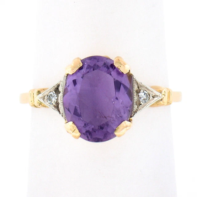 Vintage 14k TT Gold Oval Amethyst Solitaire & Old Cut White Sapphire Accent Ring