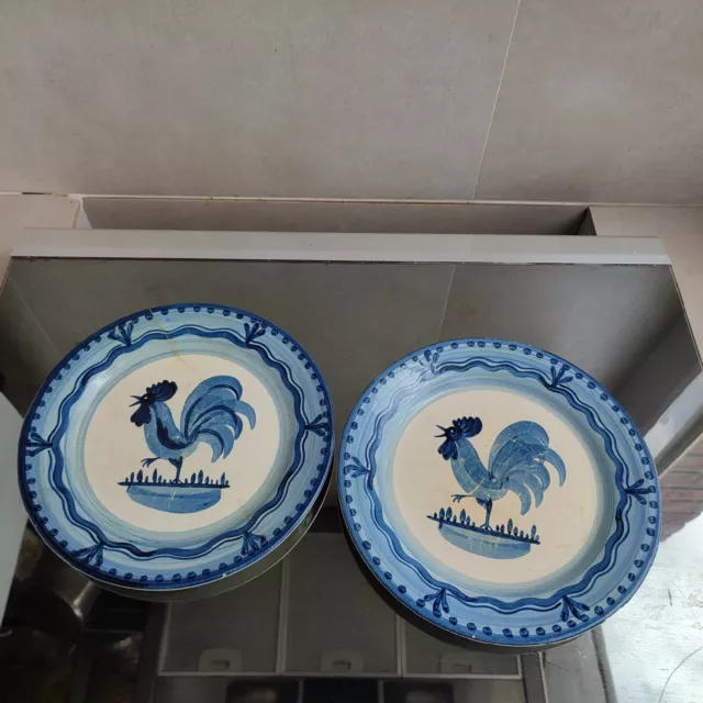 Paire Anciennes Assiettes Gien Jm Decor Au Coq Bleu Xixe Ancient French Plates