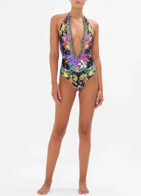 NWT- Camilla 'Meet Me In Marchesa' Plunge-V One-Piece Halter Swimsuit - XLarge