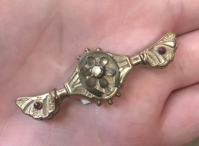 Victorian Art Nouveau gold filled morning bar pin brooch Diamonds and garnets