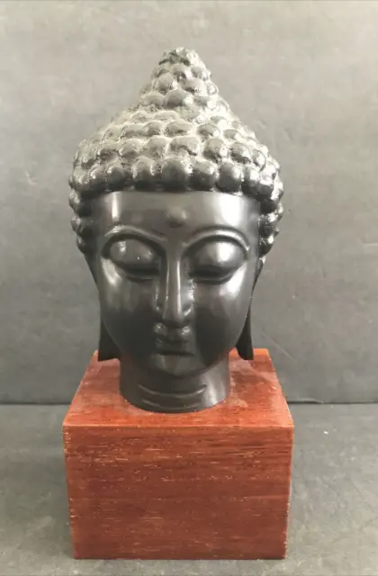 6” Vintage Heavy CAST Metal Bronze? Asian BUDDHA Head Statue w/ WOODEN BASE