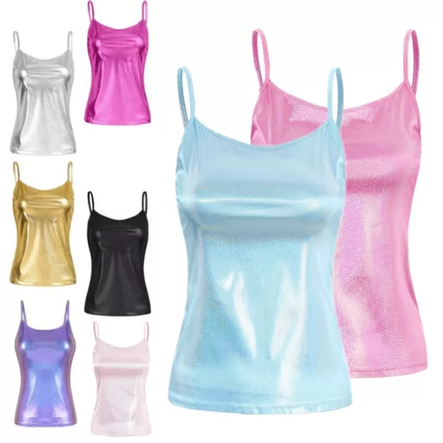 Women's Shiny Metallic PVC Leather Vest Tank Top Spaghetti Straps Rave Crop Top