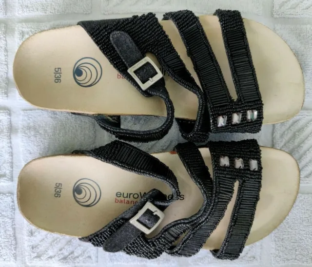 EuroWellness Balance Sandals Shoes 36 5 Four Strap Black BEADED RHINESTONES EUC