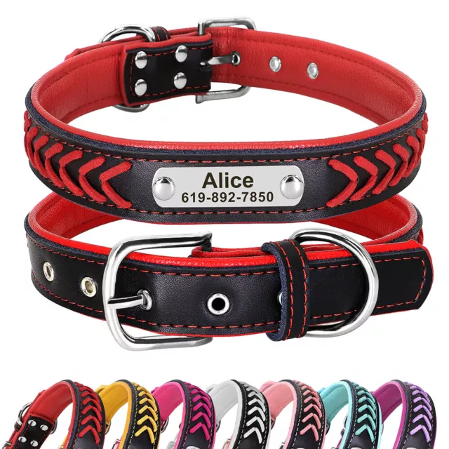 Personalized Braided Leather Dog Collar Pet Name & Number ID Engraved Adjustable