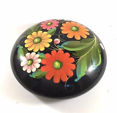 Vintage Russian Lacquered Hand Painted Wood Flowers Trinket Jewelry Box