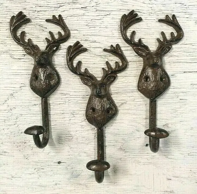 SET of 3 DEER HOOKS rustic bronze brown cast iron heavy duty hooks for lodge elk 3
