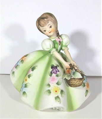 Vintage Lefton Flower Girl Hand Painted KW 5154, Green Dress, Japan, Gift Idea