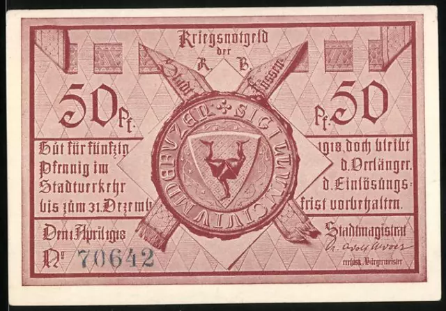 Notgeld Füssen 1918, 50 Pfennig, Soldat als Drachentöter