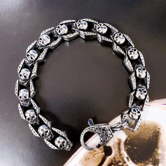 Men's Motorcycle biker link chain gothic skull stainless steel bracelet