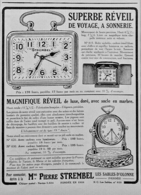 Publicité De Presse 1926 Stembel Superbe Réveil De Luxe Doré Socle En Marbre