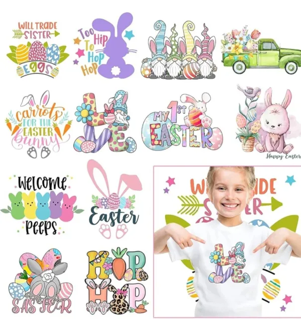 12 Sheets Easter Iron on Stickers Easter Rabbit Iron on Decals Patches Spring...