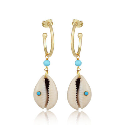 Yellow Gold Plated Cowrie Designer Turquoise Hoop Earrings Fashion Jewelry
