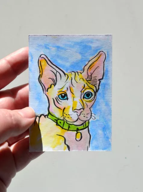 Sphynx Cat in Green Collar Pet Feline Original Painting ACEO Art Card 2.5 x 3.5 2