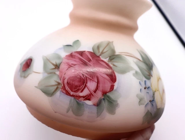 VTG 6.5 In Fitter Peach Pink Milk Glass With Hand Painted Roses Hurricane Shade 8