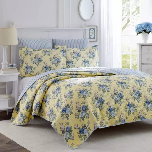 Laura Ashley Soft Cotton King Quilt Set Reversible Yellow Floral Classic 3-Piece