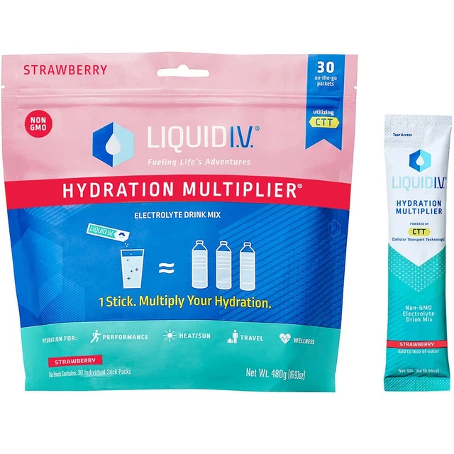 Líquido I.V. Multiplicador de hidratación bebida electrolita mezcla fresa 0,56 oz, 30 quilates