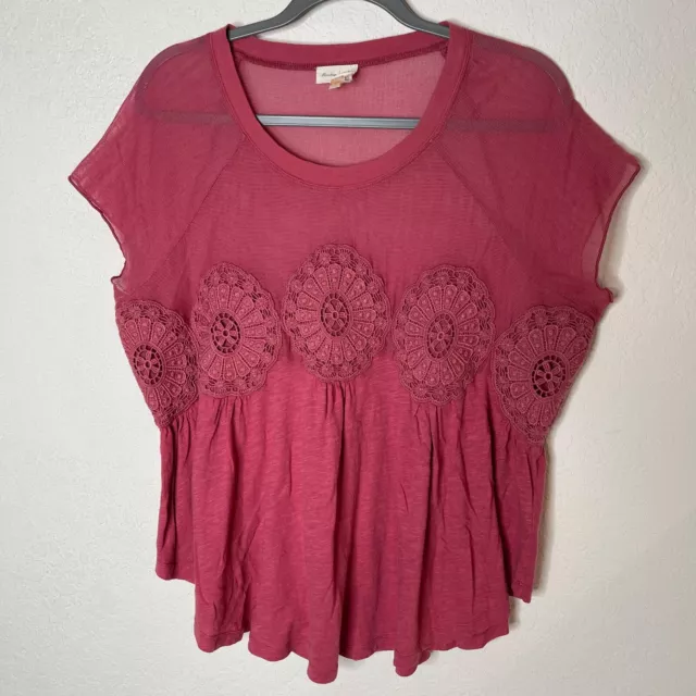 Meadow Rue Anthropologie Womens Rose Pink Mesh Top Size Large Embroidered