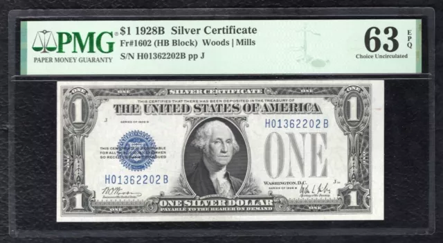 Fr. 1602 1928-B $1 “Funnyback” Silver Certificate “H-B Block” Pmg Unc-63Epq