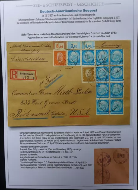 1933 Einschreiben per Dampfer "Bremen" ab Bremerhaven - Richmond/USA div Ankustp