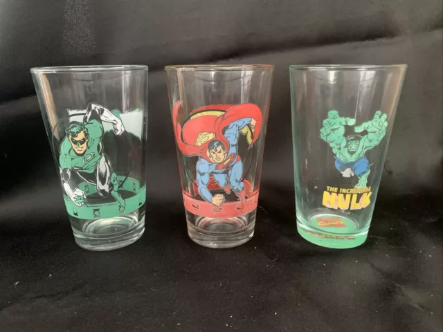 Super Hero - Green Lantern, Superman & Hulk Pint Glasses 90's Great Condition