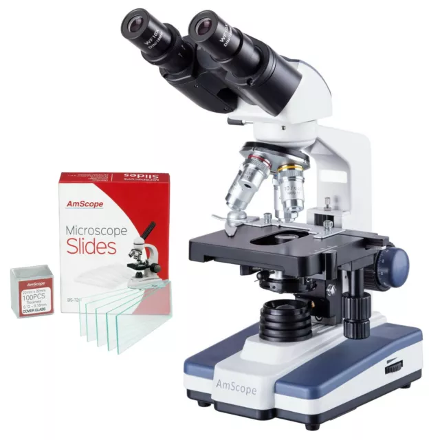 AmScope 40X-2500X Jumelles LED Composé Microscope +72 Diapositives+100 Housses