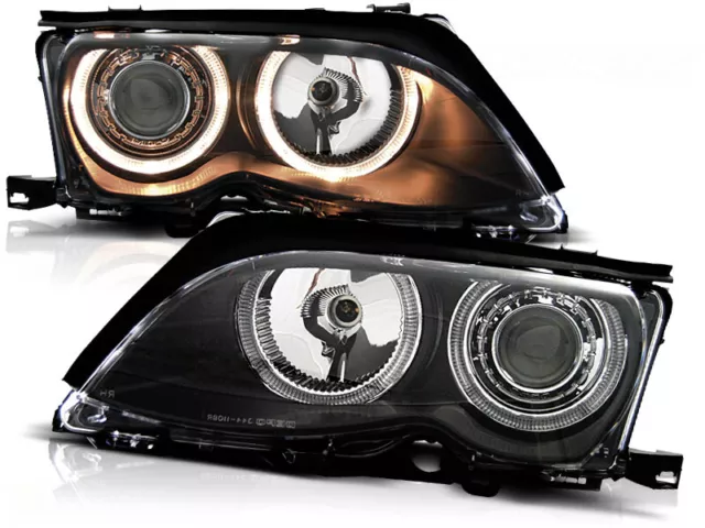 Coppia di Fari Anteriori per BMW E46 Serie 3 2001-2005 Angel Eyes Neri IT LPBM86