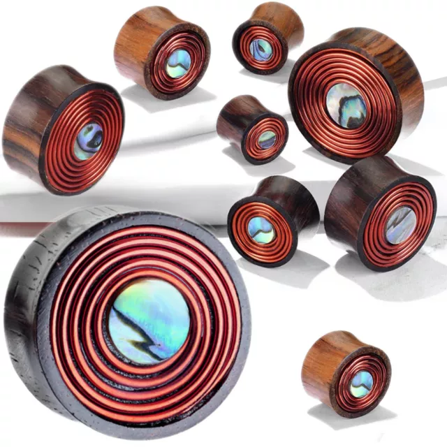 Pair Abalone & Copper Wire Coil Inlay Organic Sono Wood Saddle Ear Plugs Tunnels