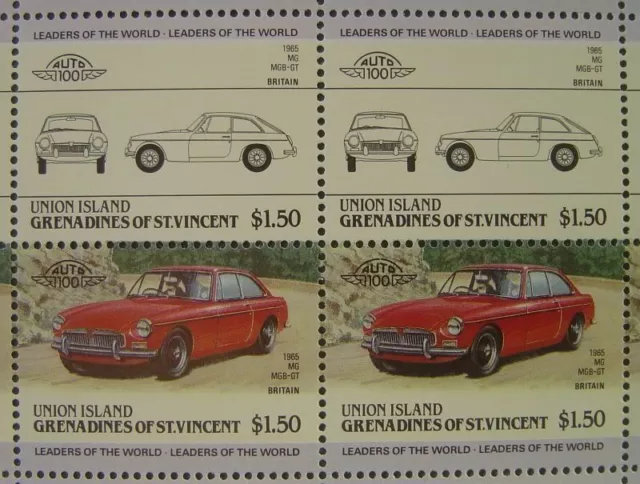 1965 M.G. MGB-GT Sports Car / Automobile 50-Stamp Sheet (1985 Union Island)