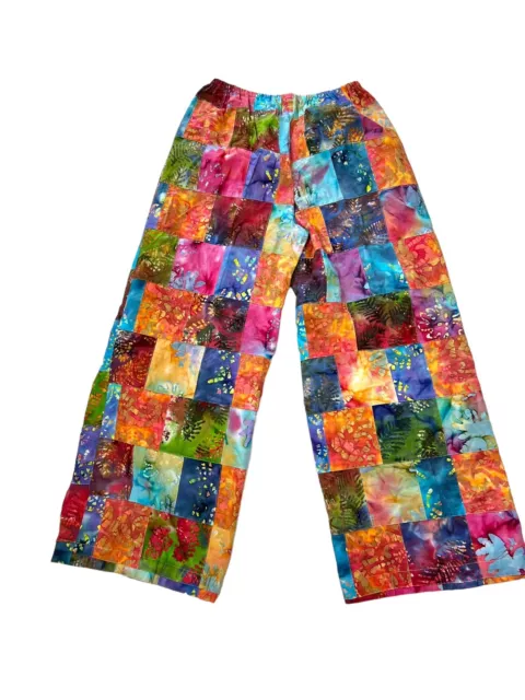 Batik Patchwork Wide Leg Cotton Festival Pants Women M/L Boho Hippie